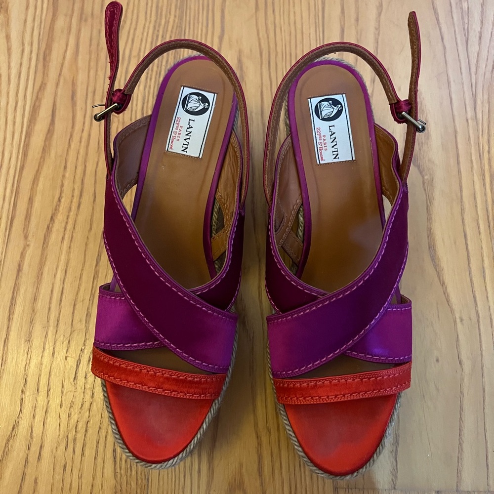 Lanvin Tricolor Satin Espadrille Wedge Platform Ankle Strap Sandals